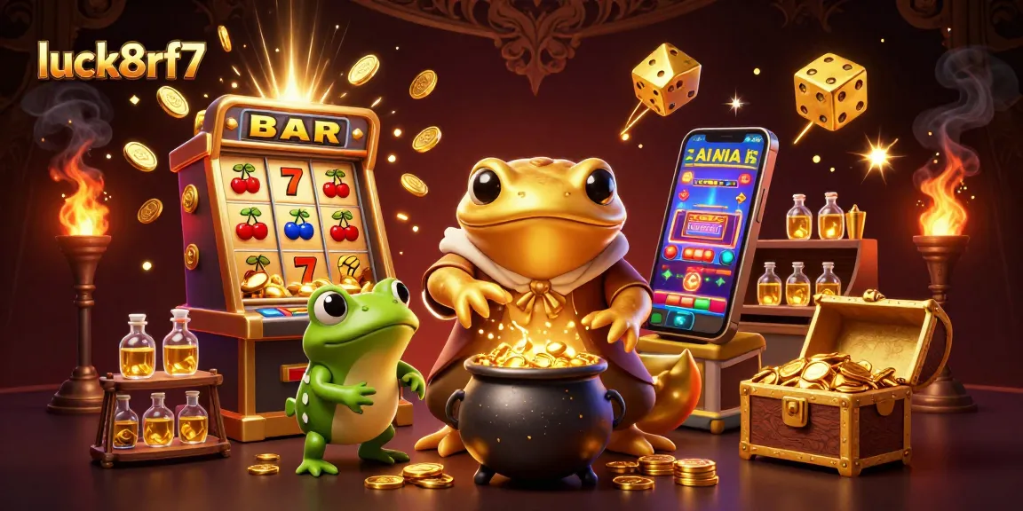 Experience luck8rf7 with golden coins bursting from a jackpot slot machine and magical creatures.