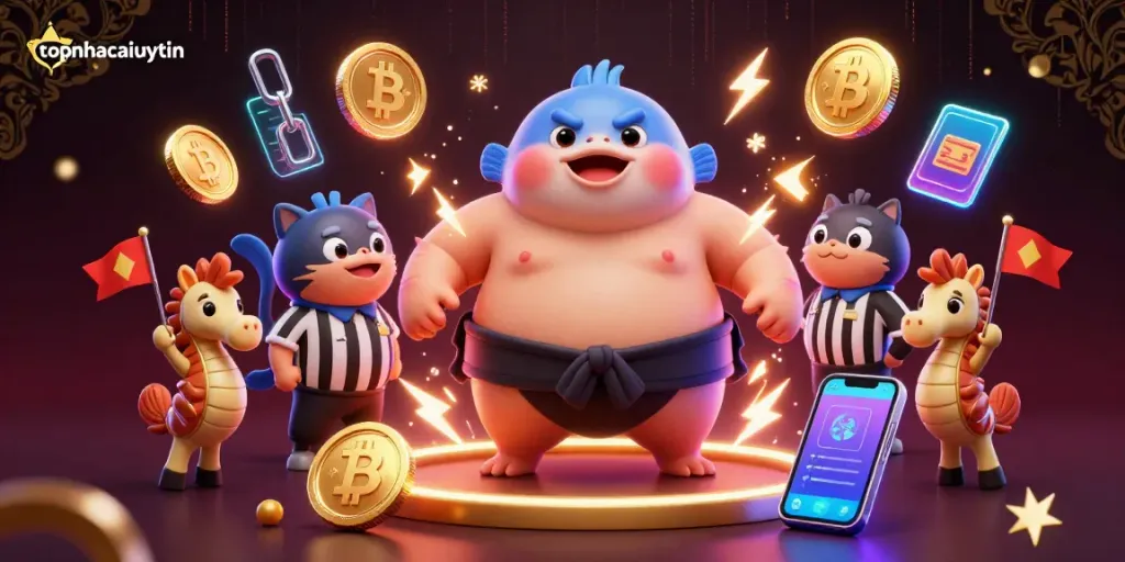 Experience gaming excitement with topnhacaiuytin's lively underwater casino scene featuring a blowfish and crypto coins.