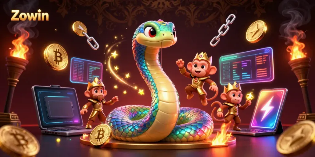 Bet on Zowin with vibrant 3D representation of a cartoon rainbow serpent and golden monkey king.