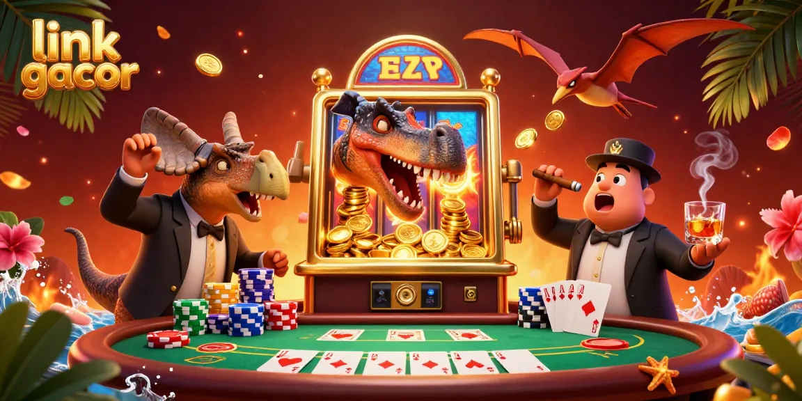 Experience thrilling excitement with link gacor as a 3D cartoon pachycephalosaurus hits a jackpot, surrounded by vibrant casino elements.