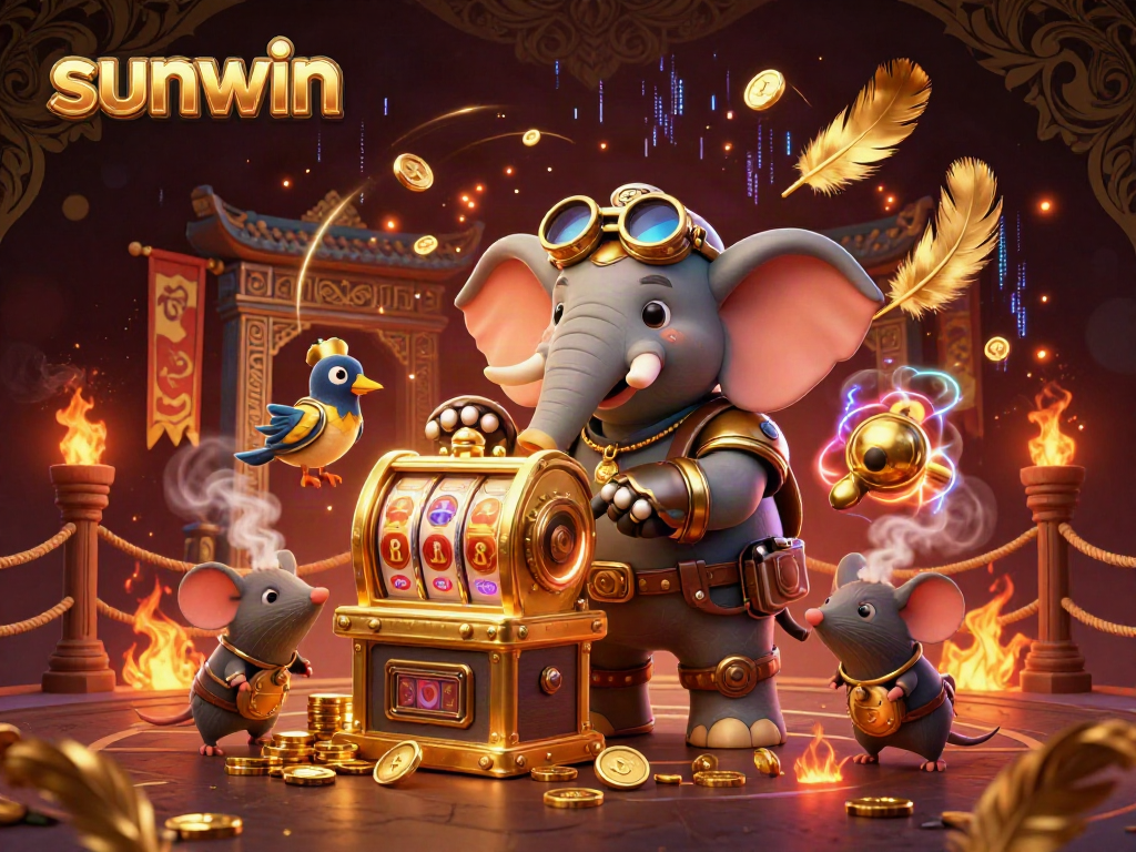Experience thrilling gameplay with sunwin as the steampunk elephant engages in dynamic slot machine action.