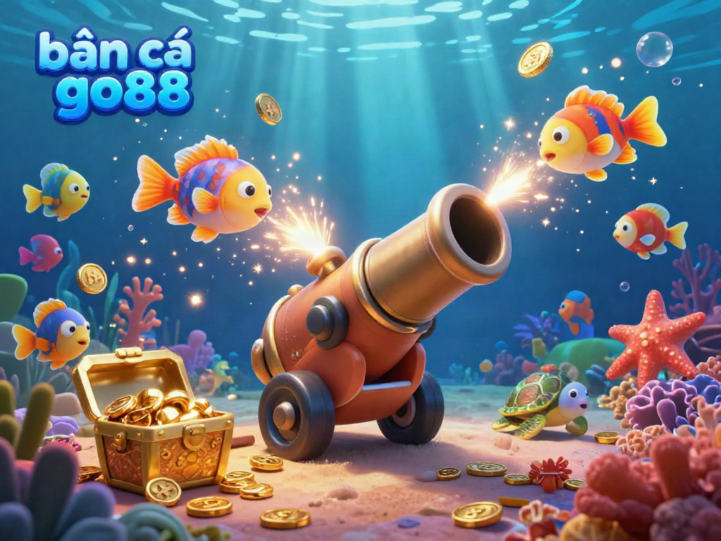 Engage in the thrilling underwater action of bắn cá go88, featuring a cannon shooting vibrant fish and coins amidst vivid sea life.