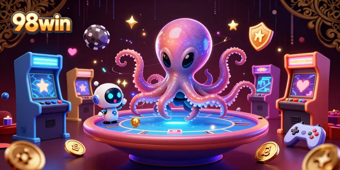 Experience the excitement of 98win with an alien octopus at a holographic poker table surrounded by dynamic game elements.