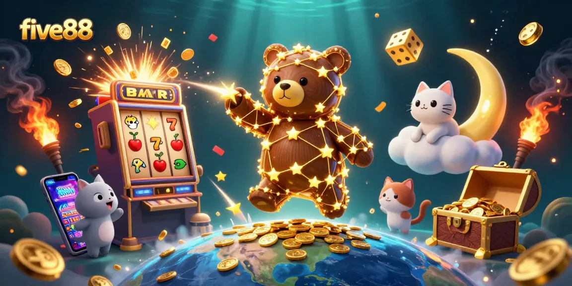 Engage with five88's exciting jackpot opportunities, featuring vibrant visuals of a cosmic bear and slot machine action.