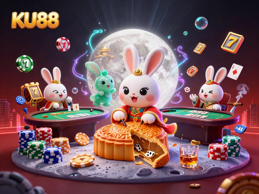 KU88 rabbit pounds mooncakes revealing poker chips in a dynamic casino scene.