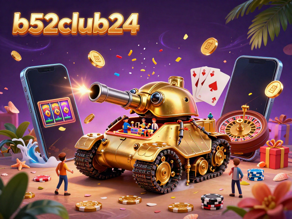Engage with b52club24's vibrant casino experience in this colorful 3D illustration of a beetle tank casino.