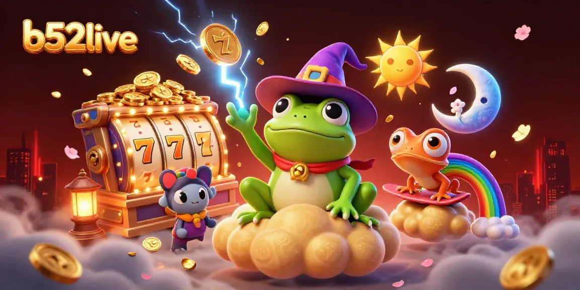 Bets spin on b52live's vibrant slot reels with magical characters and rich gold elements