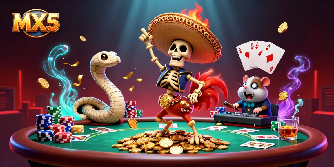 MX5 offers an exciting experience as the mariachi rooster celebrates winning on a poker table.