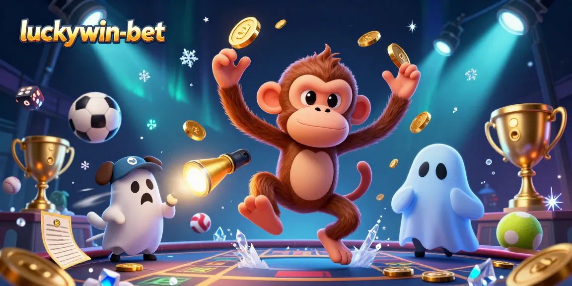 Engage with the energetic scene at luckywin-bet featuring a mischievous monkey and curious puppy in a dynamic gambling environment.
