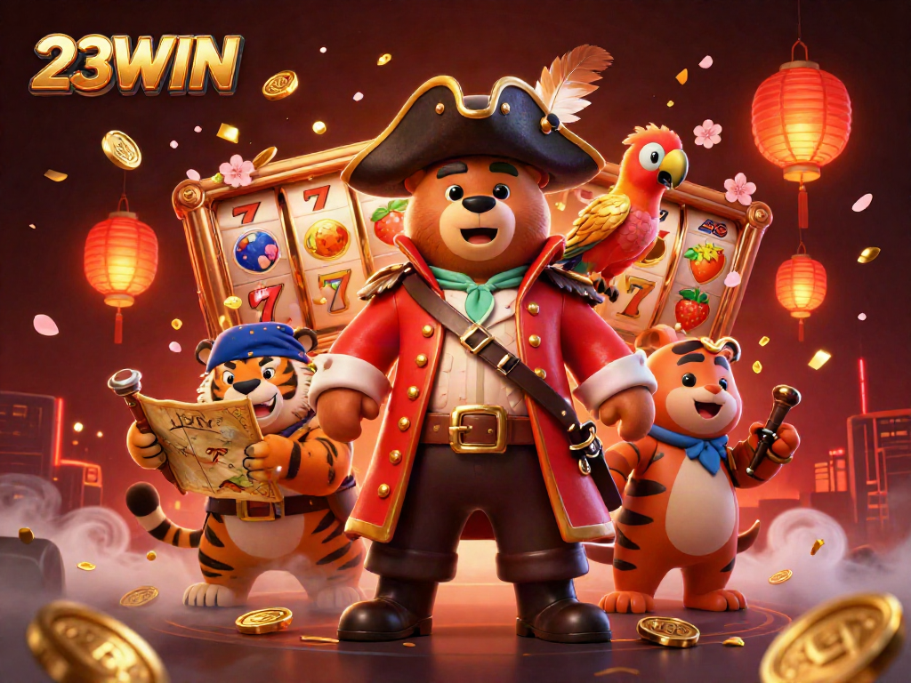 Experience thrilling slots at 23WIN with vibrant visuals and engaging casino elements in a dynamic 3D illustration.