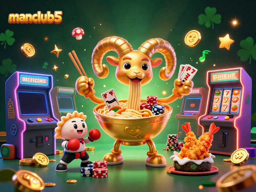Experience thrilling wins at manclub5 with a vibrant 3D casino scene bursting with characters and game elements.