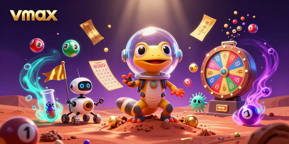 Engage in vibrant casino action at vmax with a Martian gecko exploring a golden casino.