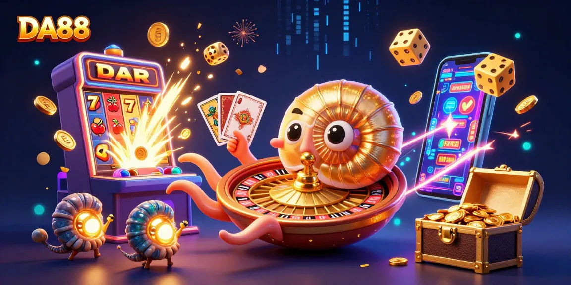 Experience thrilling gaming at DA88 with a vibrant 3D casino illustration, featuring dynamic cards and jackpot excitement.