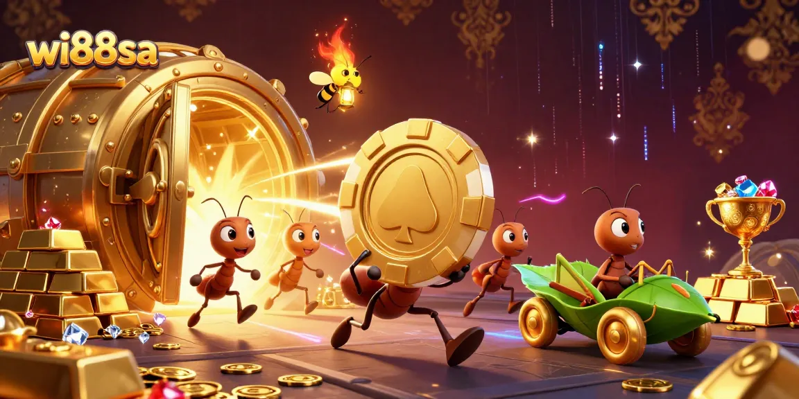 Join the action at wi88sa with ants stealing massive poker chips in a lavish casino heist.