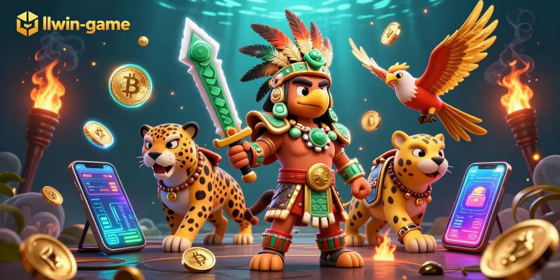 Witness llwin-game's thrilling gameplay with a vibrant Aztec warrior scene and cryptocurrency elements.