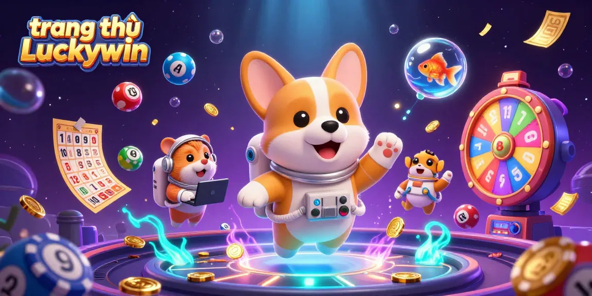 Engage with the vibrant scene of trang chủ Luckywin, featuring a floating astronaut corgi amidst dazzling casino elements.