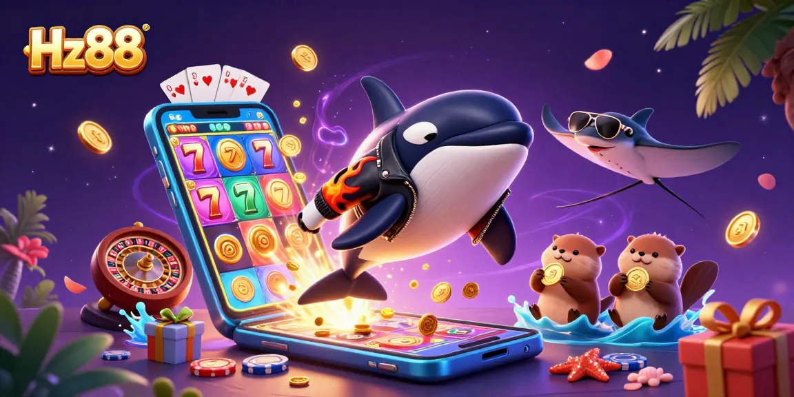 Experience thrilling gaming with Hz88 in a vibrant casino scene featuring a playful orca and sea otters.