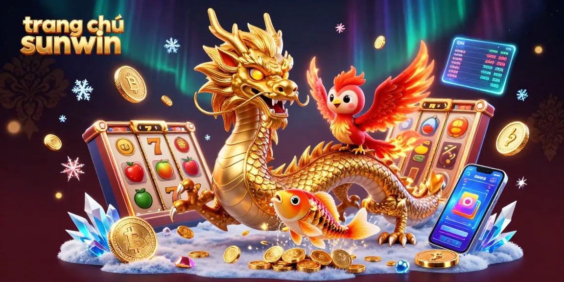 Experience the thrills of trang chủ sunwin with a magical dragon, phoenix, and koi fish surrounded by vibrant gambling symbols.