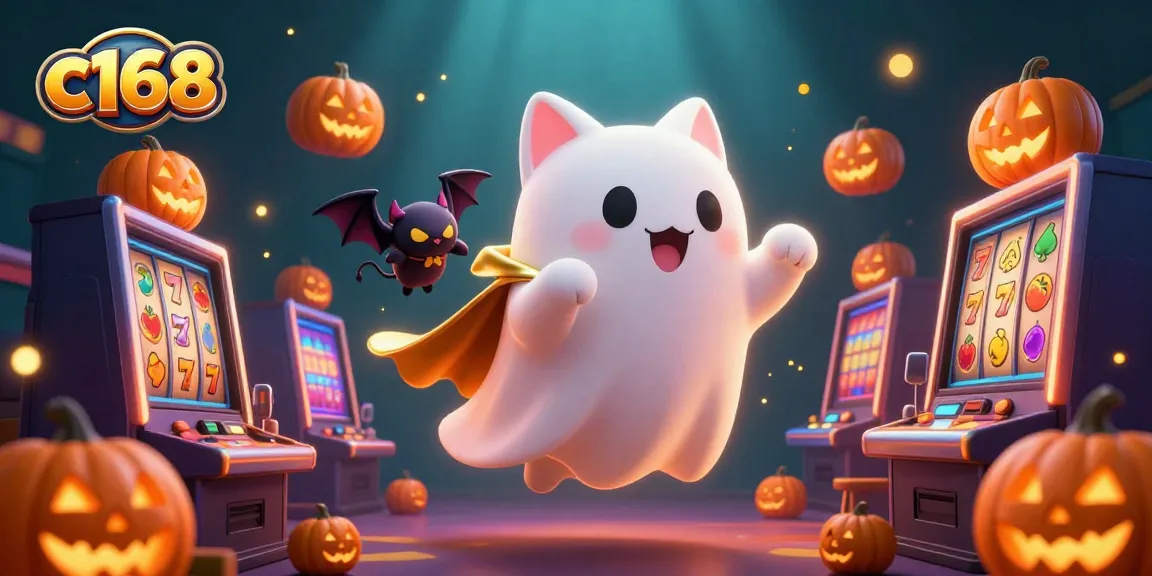 Experience exciting slots at c168 with a ghost cat and vampire bat in a vibrant casino