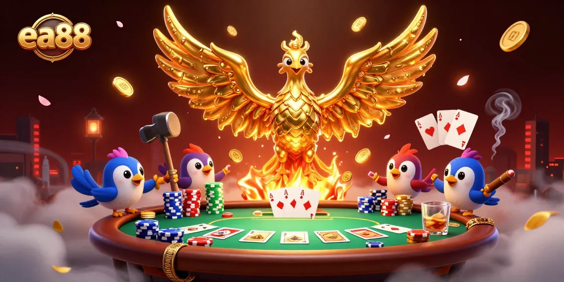 ea88 players engage in high-stakes poker surrounded by gold coins and vibrant casino elements.