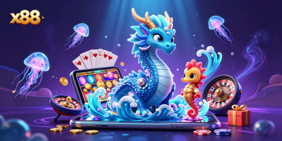 Experience thrilling gameplay at x88 featuring a vibrant dragon, seahorse knight, and animated casino elements.