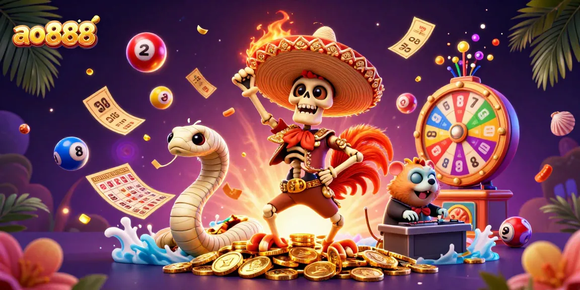 Win big at ao888 with this vibrant, dynamic casino-themed illustration showcasing engaging game elements.