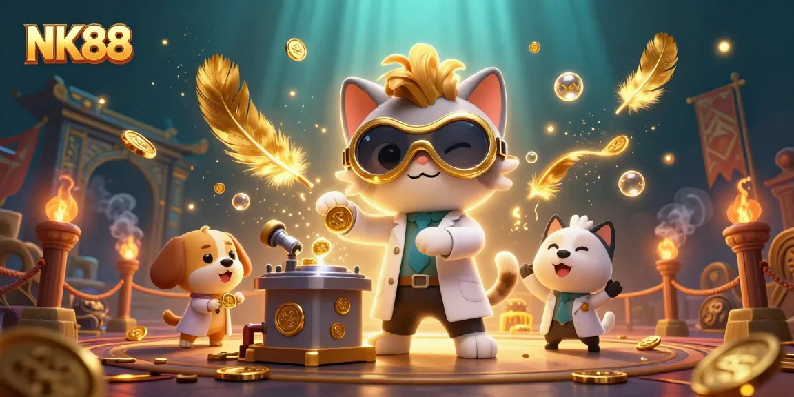 Experience thrilling gameplay at NK88 with a dynamic mad scientist cat illustration creating coins amidst casino excitement.