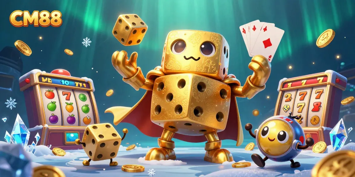 Experience CM88 with an animated scene of a golden dice golem and slot elements mixing excitement.