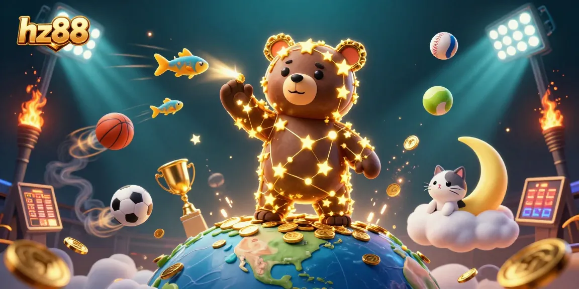 hz88 captures the excitement of sports betting with a constellation bear scooping coins in a vibrant digital scene.