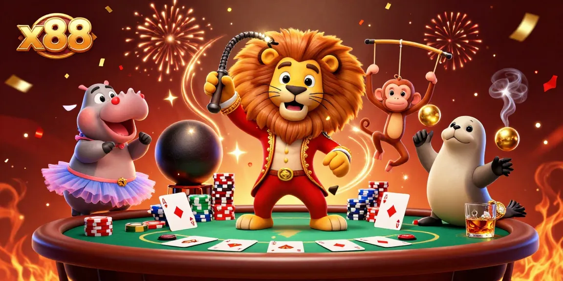 x88 showcases a dynamic casino scene with a lion ringmaster, hippo, monkey, and seal engaging in thrilling poker.