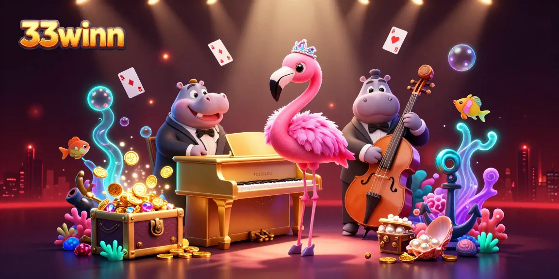 Experience betting excitement with 33winn's vibrant casino scene featuring singing flamingos and treasure elements.