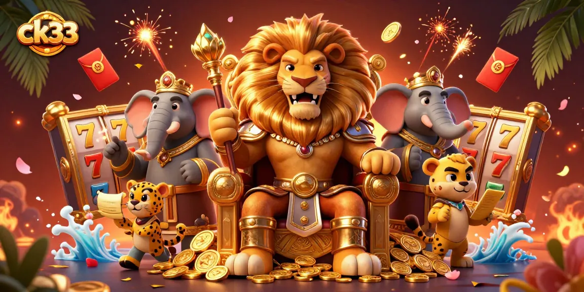 Engage with ck33's thrilling jackpot slots featuring a lion king, elephant advisor, and cheetah messenger in a vibrant casino