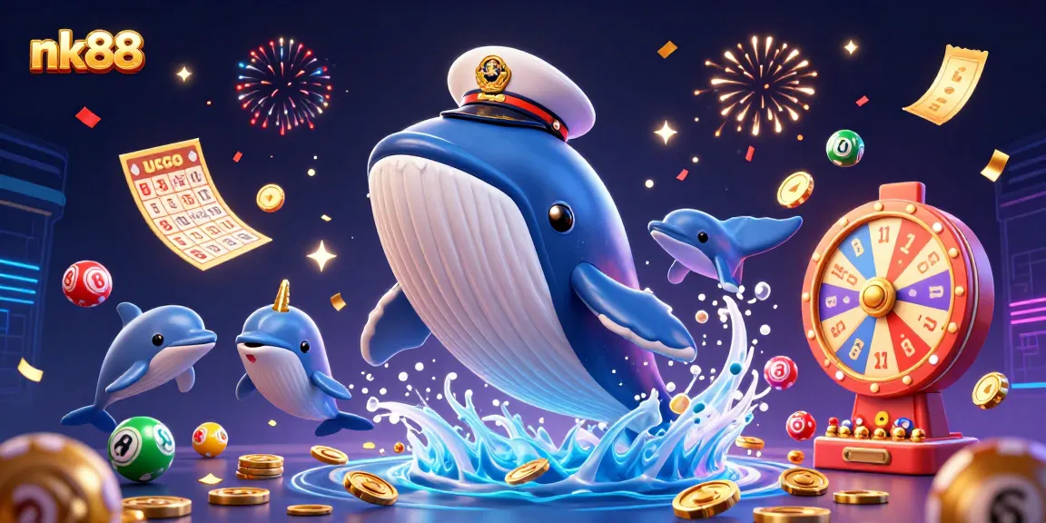 Experience thrilling action at nk88 with a vibrant 3D illustration of a whale and casino elements.