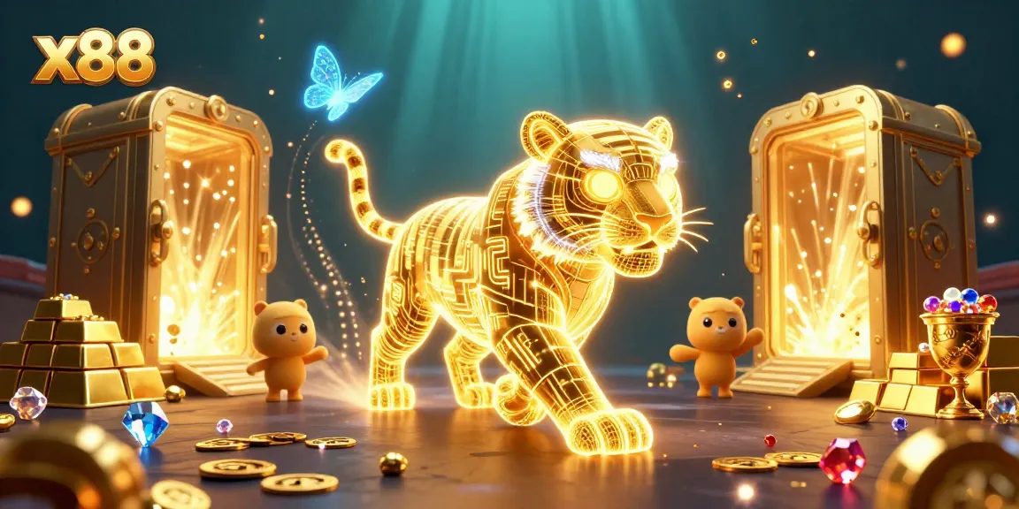 Engage with x88 in a vibrant casino scene featuring a dazzling golden tiger and treasure elements.