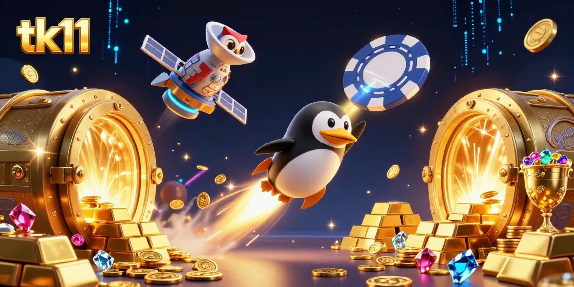 Experience thrilling wins with tk11 as a golden penguin blasts through a casino space adventure.