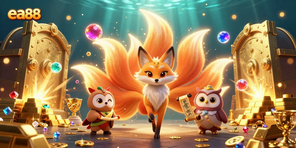 Experience the vibrant world of ea88 with a mystical fox and wise owl amidst gold and jewels.