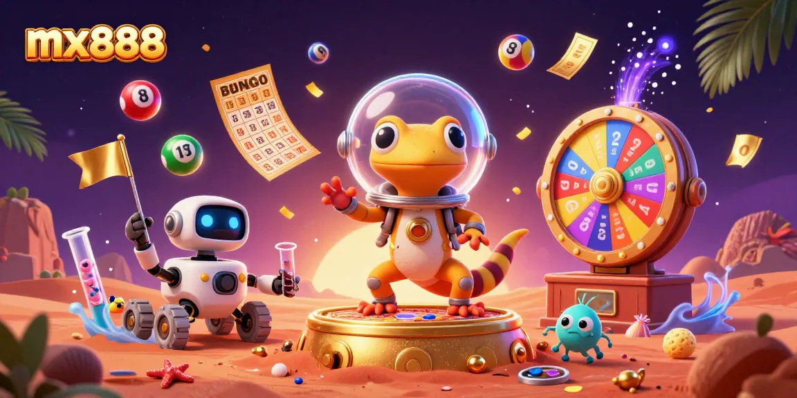 Experience winning at mx888 with a vibrant 3D illustration of casino fun and excitement.