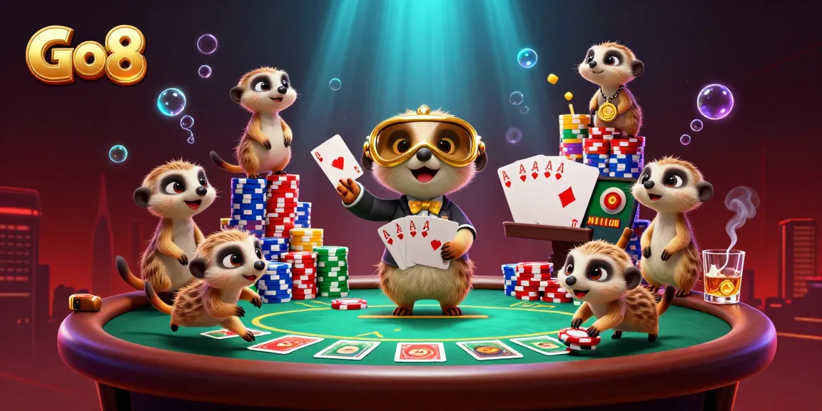Go8 meerkats masterfully running a casino with vibrant poker details and dynamic energy.